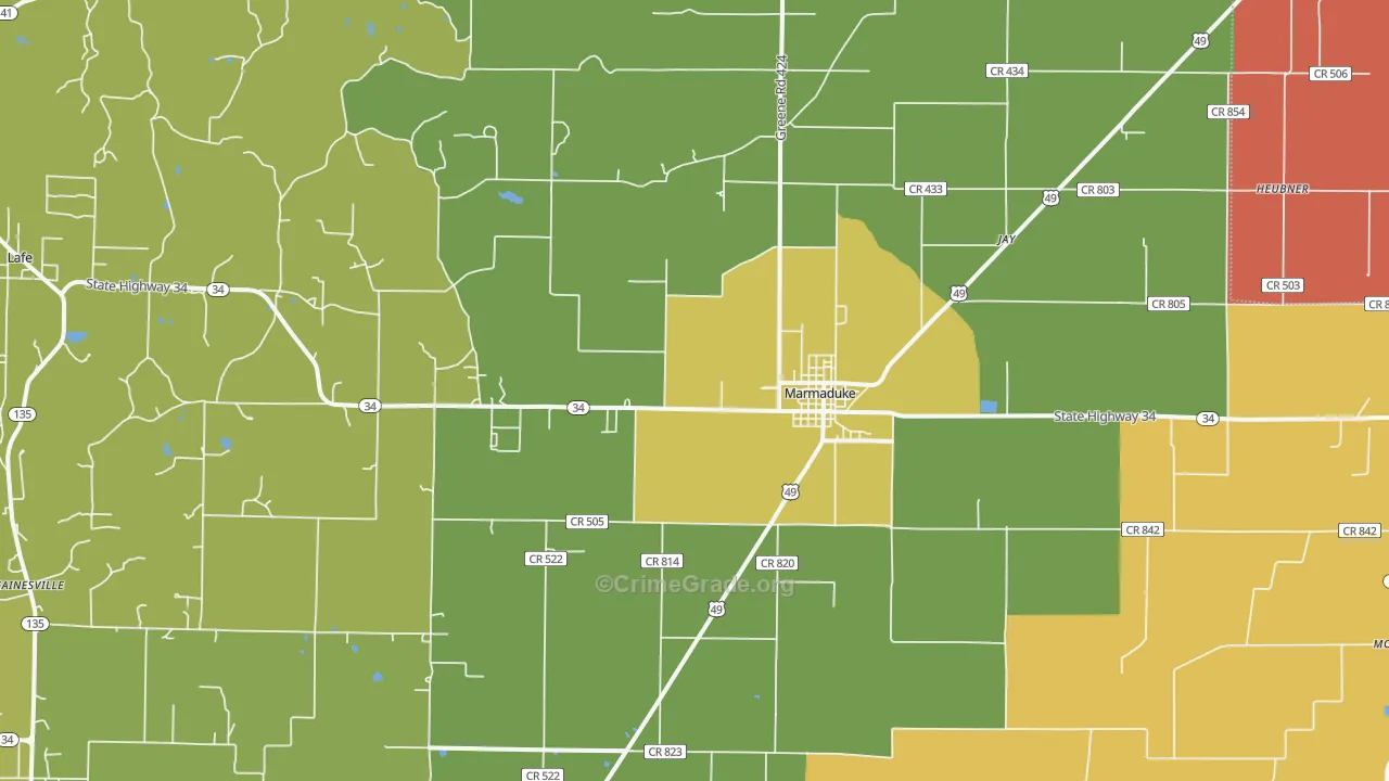 Marmaduke, AR Map of Vehicle Theft Rates