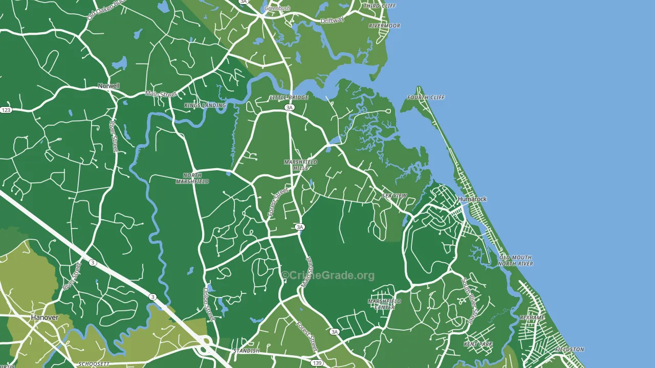 Marshfield Hills, MA Map of Vehicle Theft Rates
