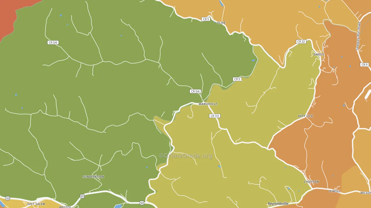 Marshville, WV Map of Vehicle Theft Rates