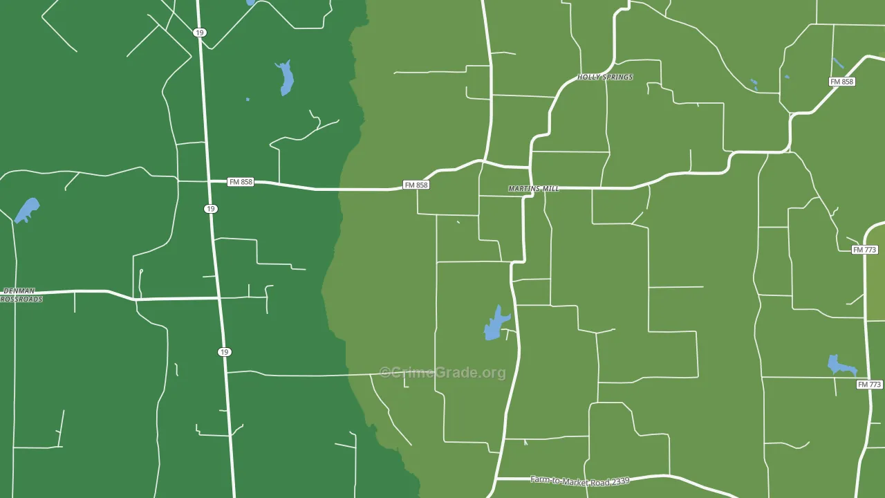 Martins Mill, TX Map of Vehicle Theft Rates