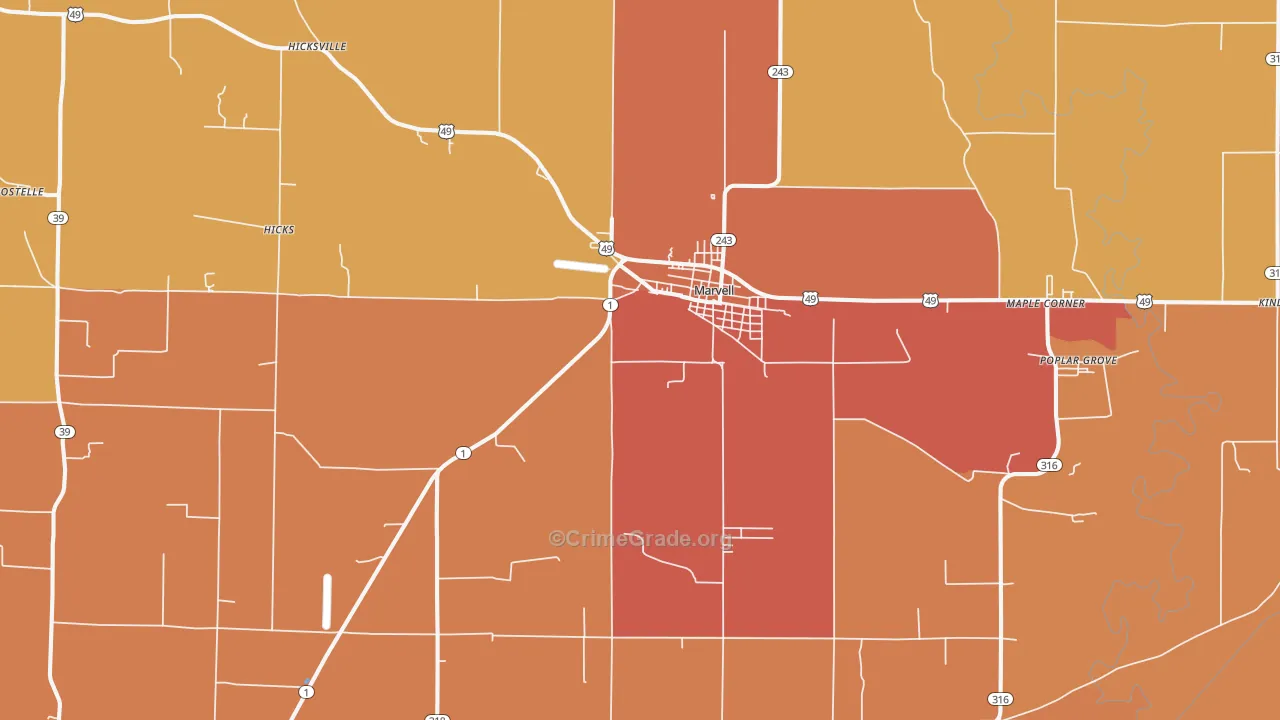 Marvell, AR Map of Vehicle Theft Rates