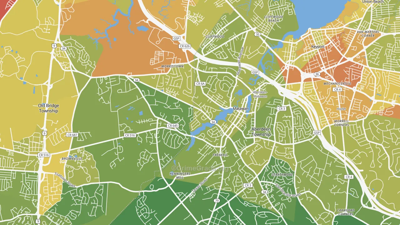Matawan, NJ Map of Vehicle Theft Rates