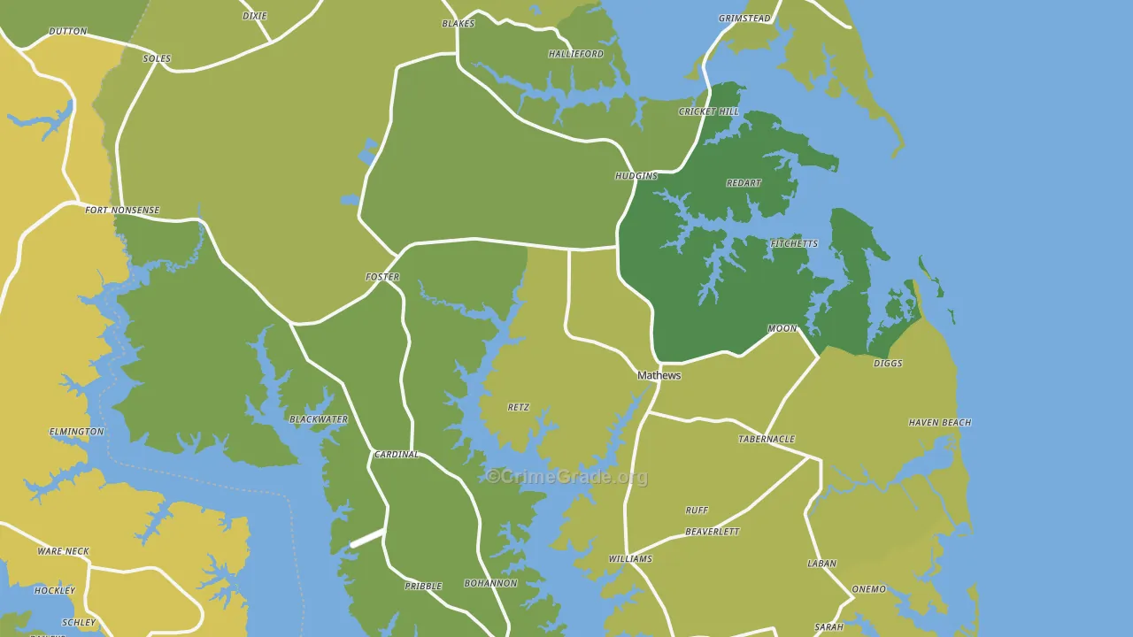 Mathews County, VA Map of Vehicle Theft Rates