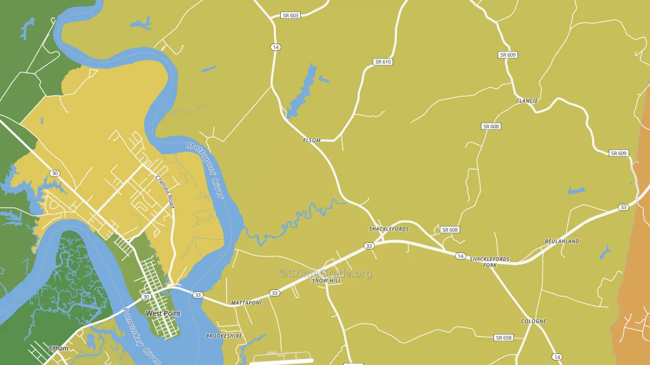 Mattaponi, VA Map of Vehicle Theft Rates