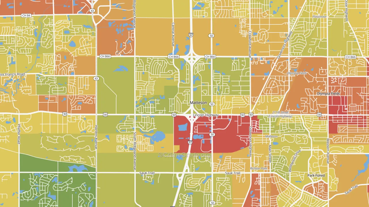 Matteson, IL Map of Vehicle Theft Rates