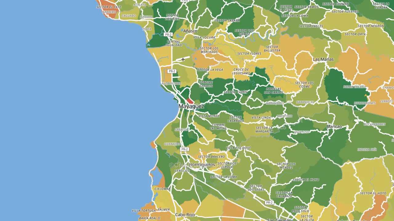 Mayaguez Municipio, PR Map of Vehicle Theft Rates