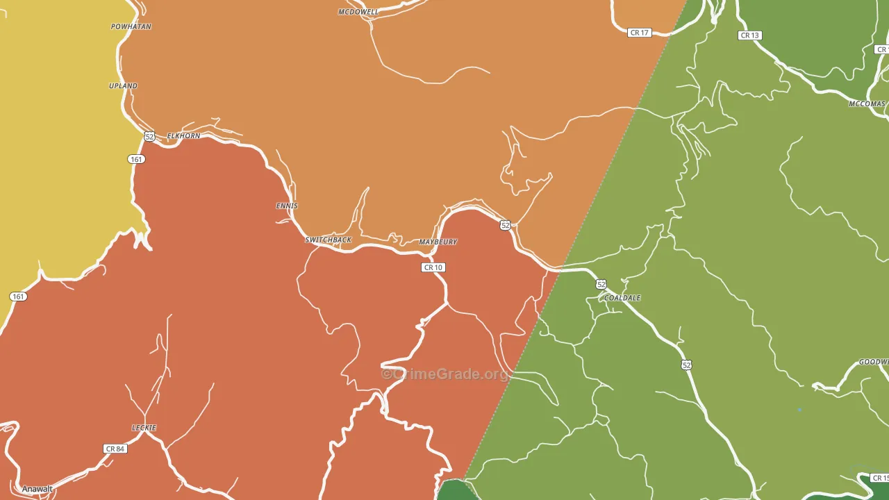 Maybeury, WV Map of Vehicle Theft Rates