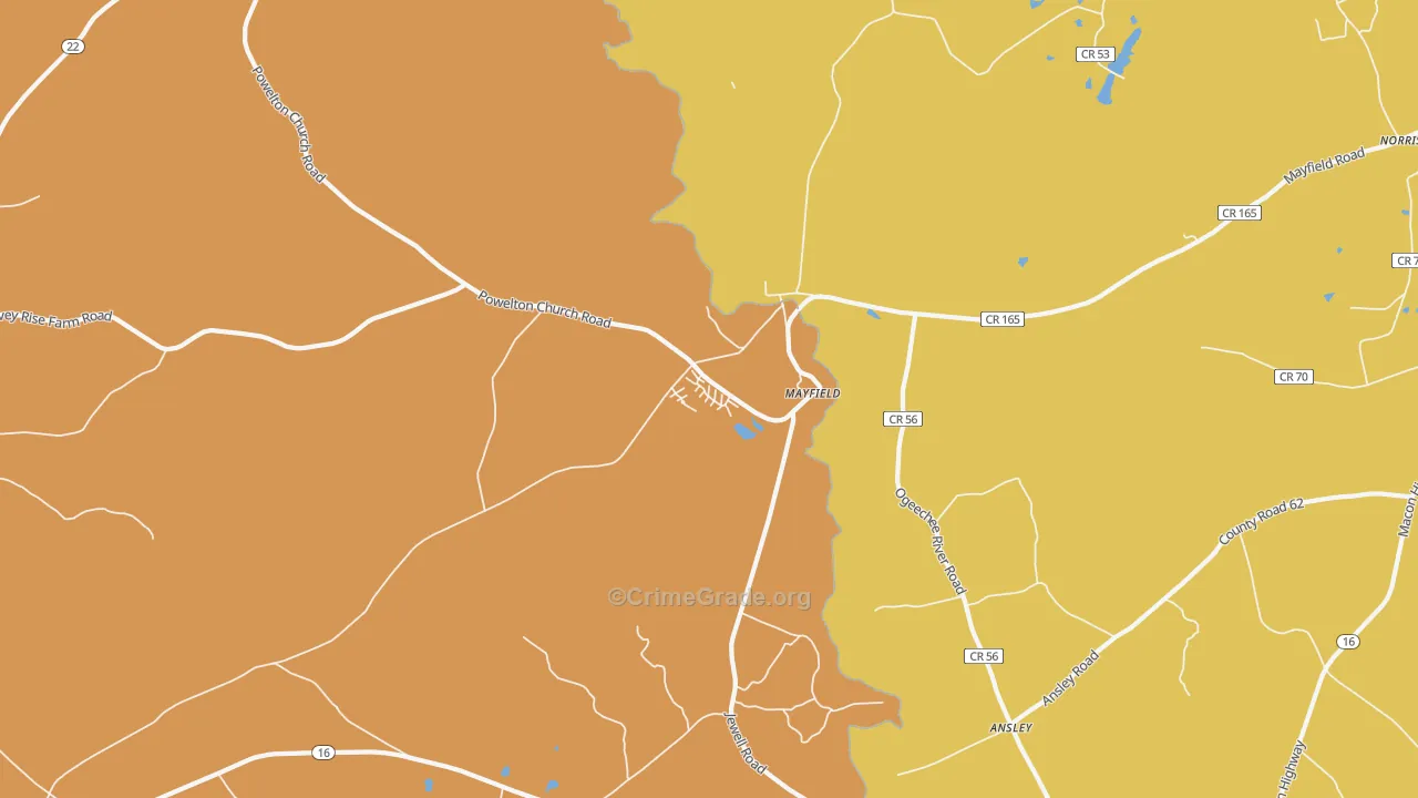 Mayfield, GA Map of Vehicle Theft Rates