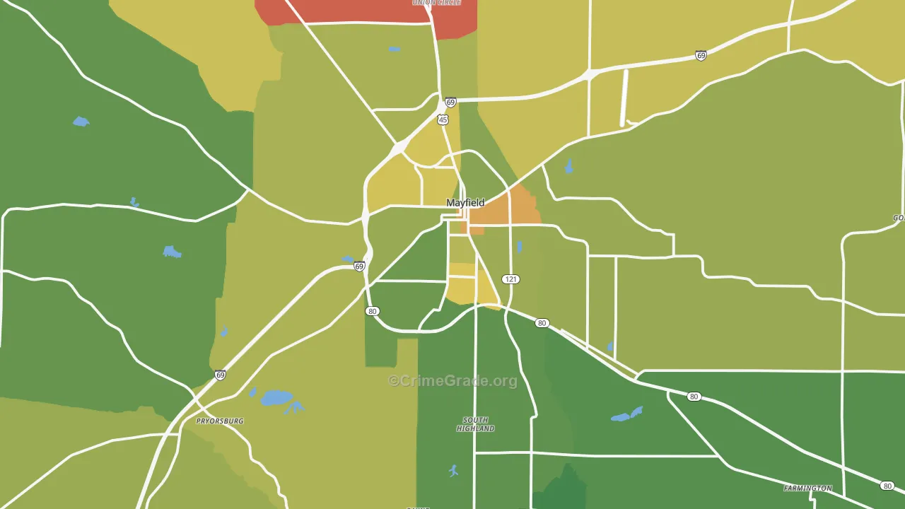 Mayfield, KY Map of Vehicle Theft Rates