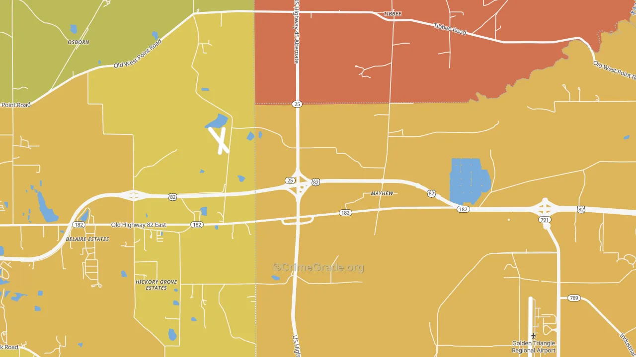 Mayhew, MS Map of Vehicle Theft Rates