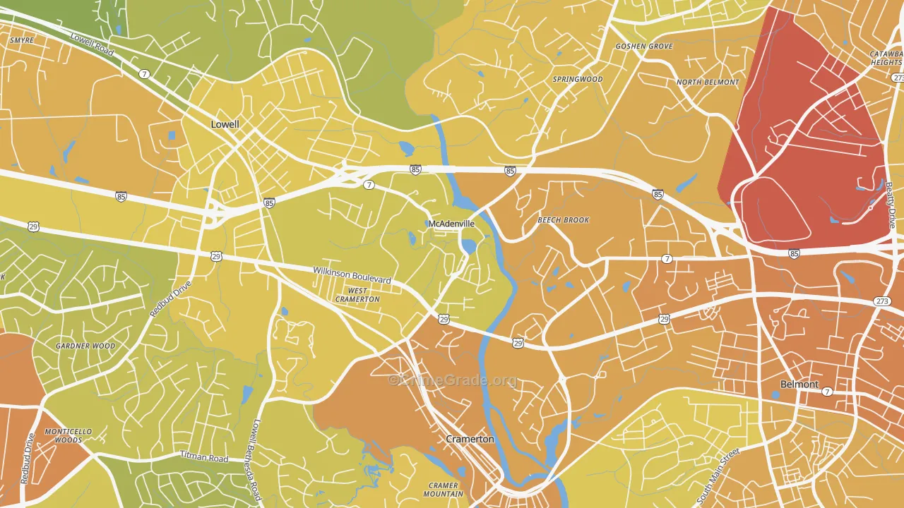 McAdenville, NC Map of Vehicle Theft Rates