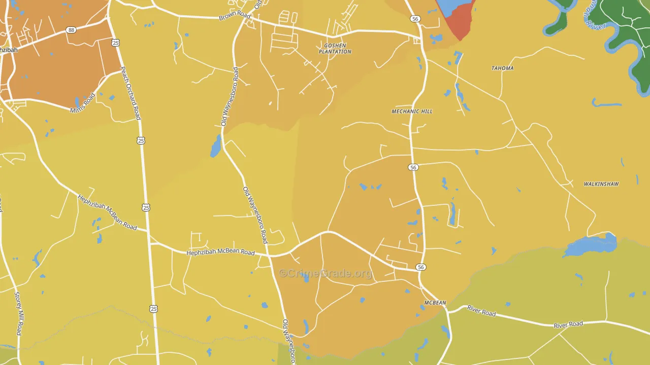 Mcbean, Hephzibah, GA Map of Vehicle Theft Rates