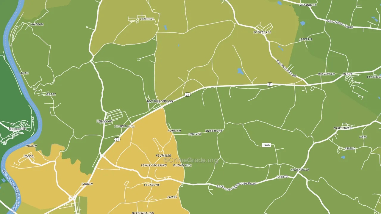 McClellandtown, PA Map of Vehicle Theft Rates