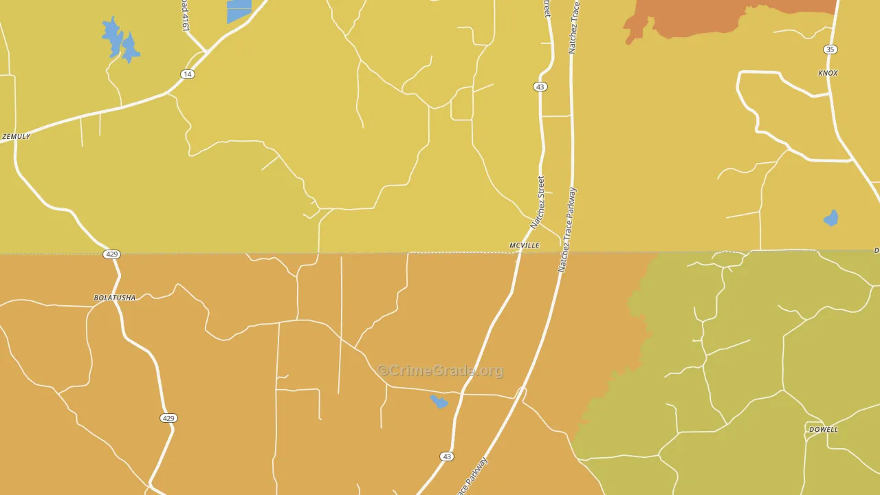 McVille, MS Map of Vehicle Theft Rates