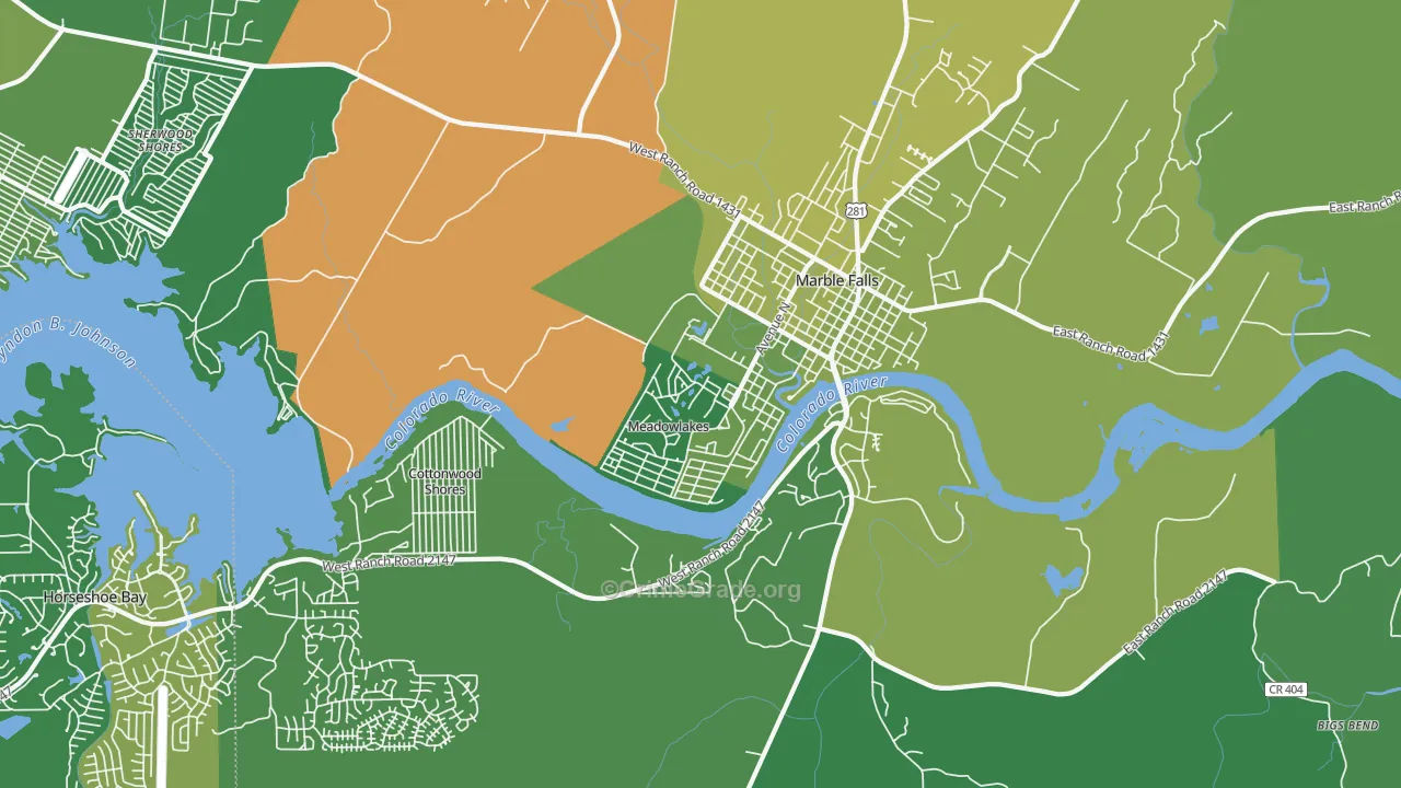 Meadowlakes, TX Map of Vehicle Theft Rates