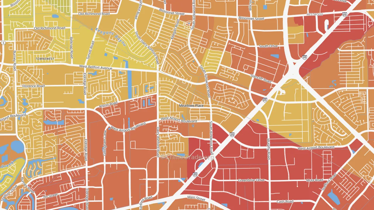 Meadows Place, TX Map of Vehicle Theft Rates