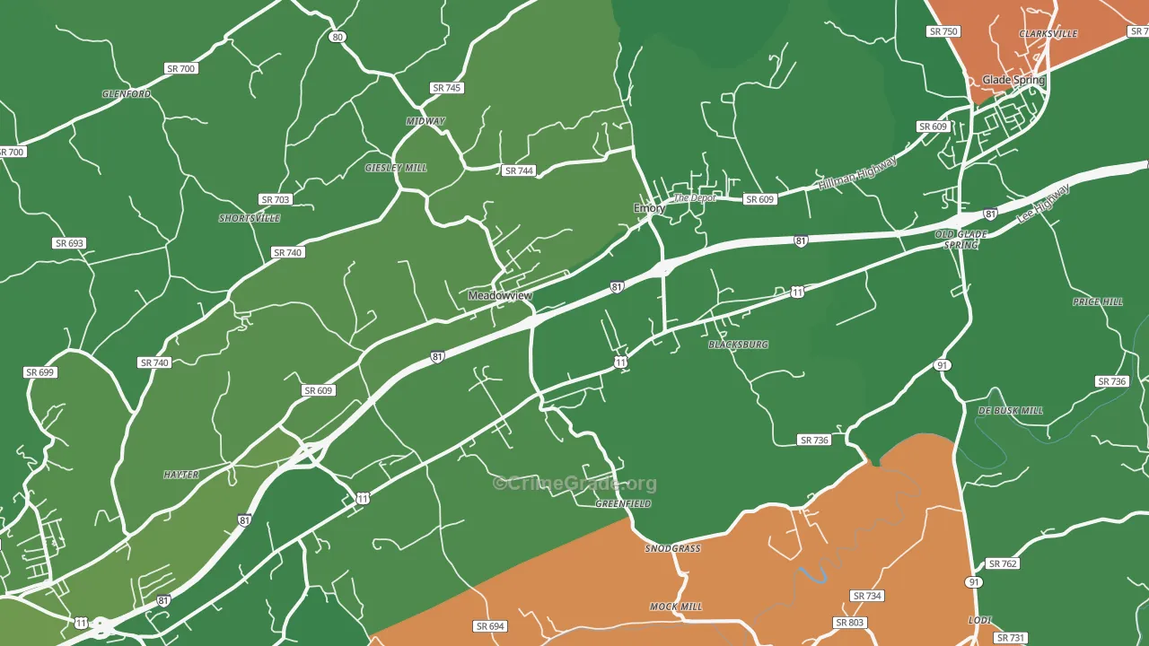 Meadowview, VA Map of Vehicle Theft Rates