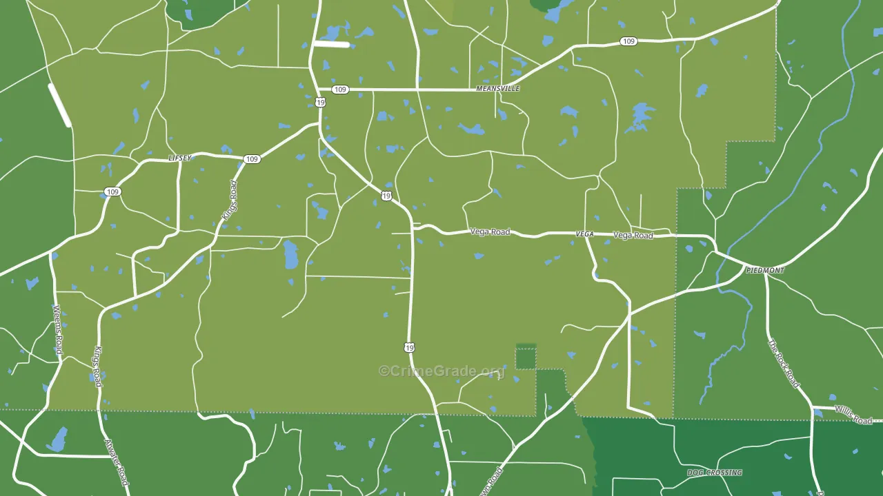 Meansville, GA Map of Vehicle Theft Rates