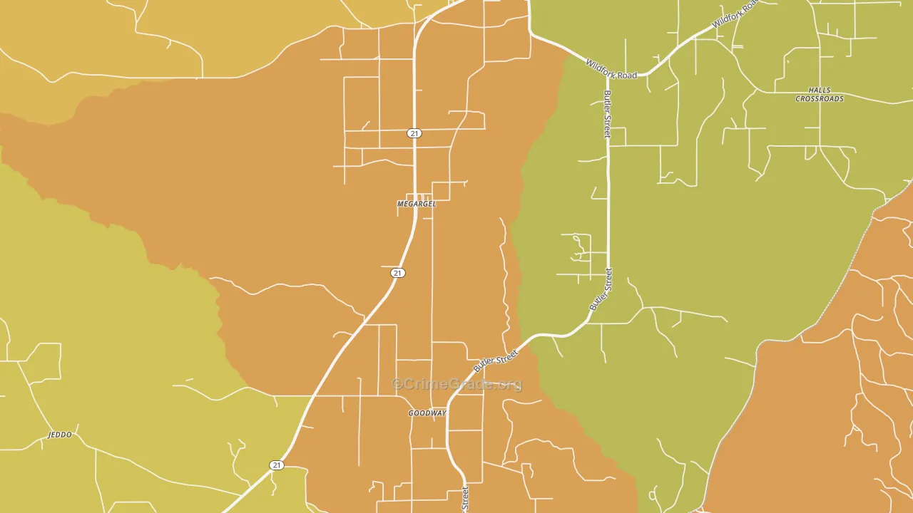 Megargel, AL Map of Vehicle Theft Rates