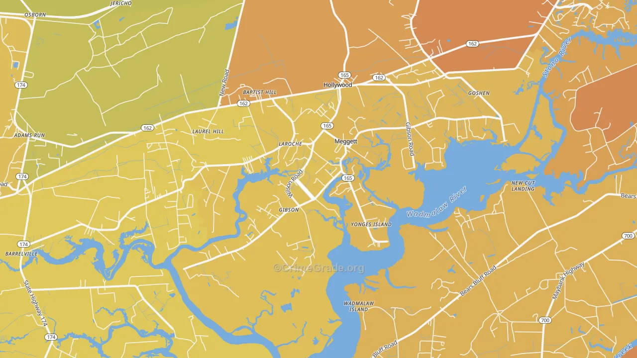Meggett, SC Map of Vehicle Theft Rates