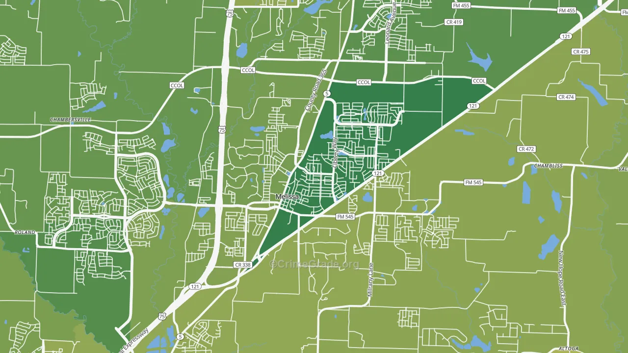 Melissa, TX Map of Vehicle Theft Rates