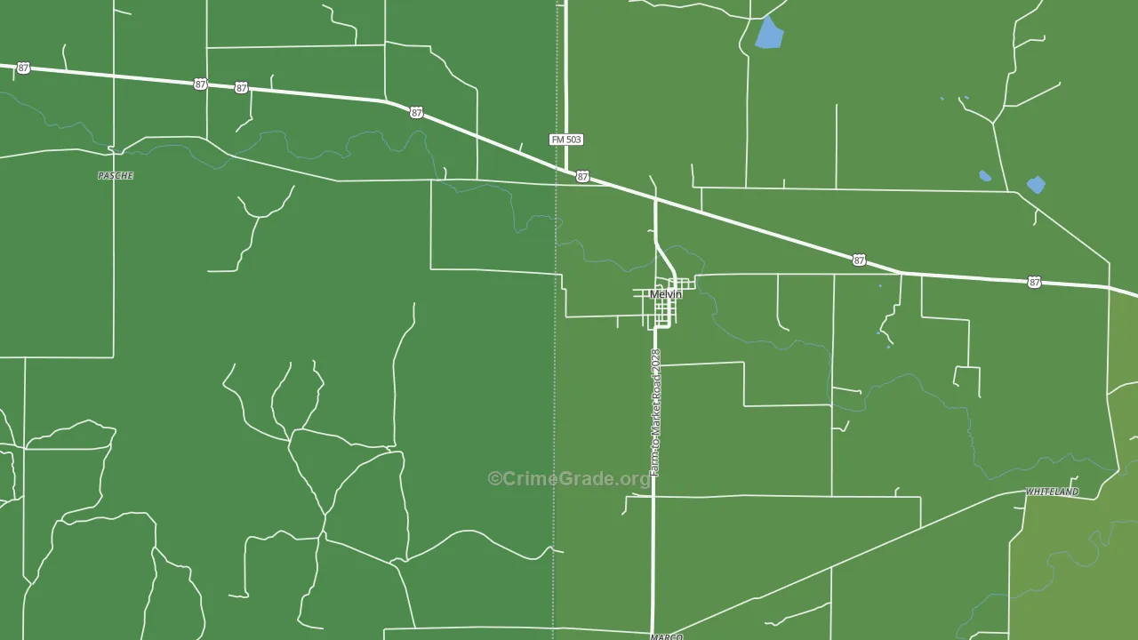Melvin, TX Map of Vehicle Theft Rates
