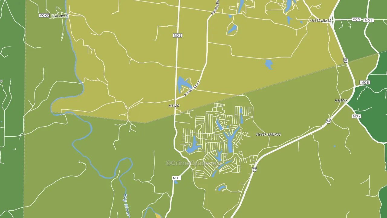 Melzo, MO Map of Vehicle Theft Rates