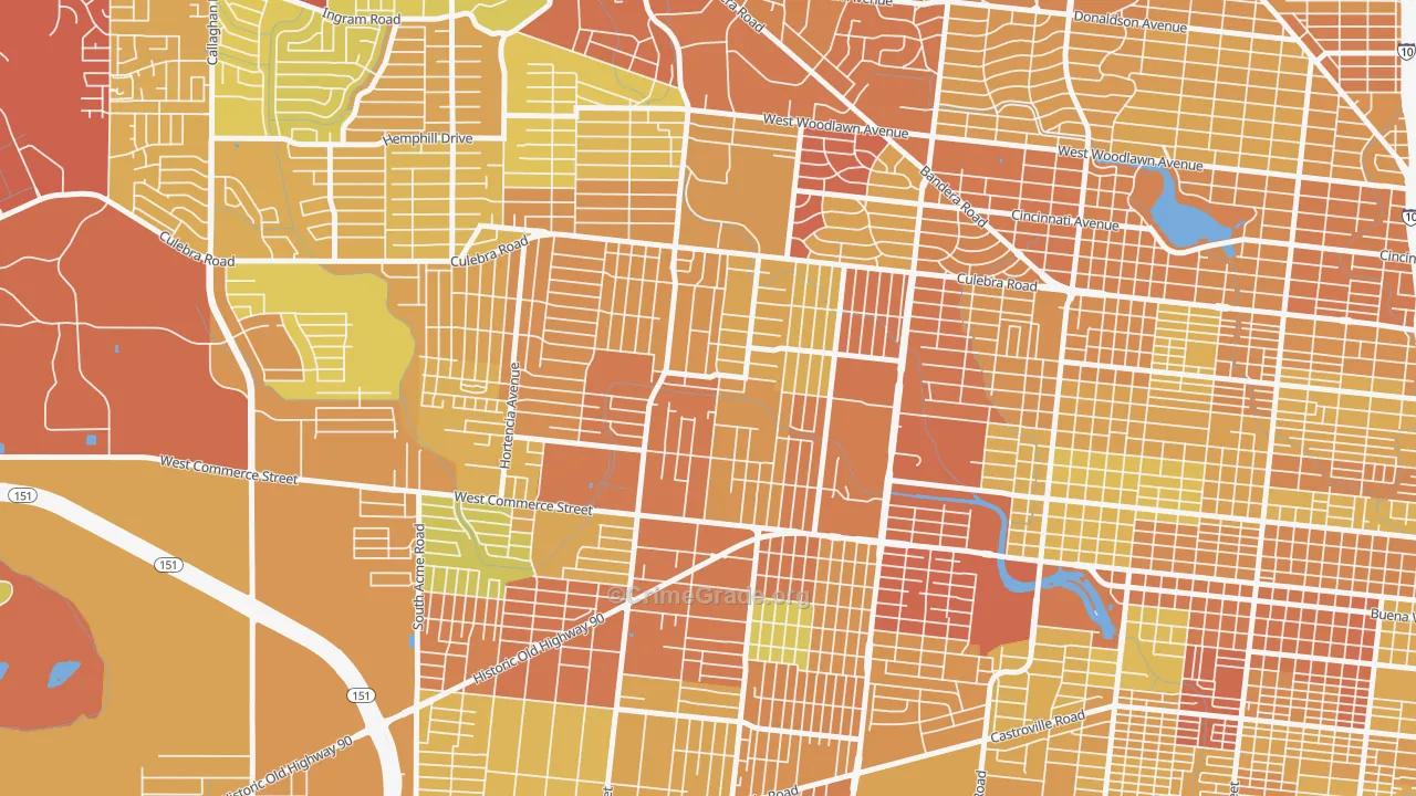 Memorial Heights, San Antonio, TX Map of Vehicle Theft Rates