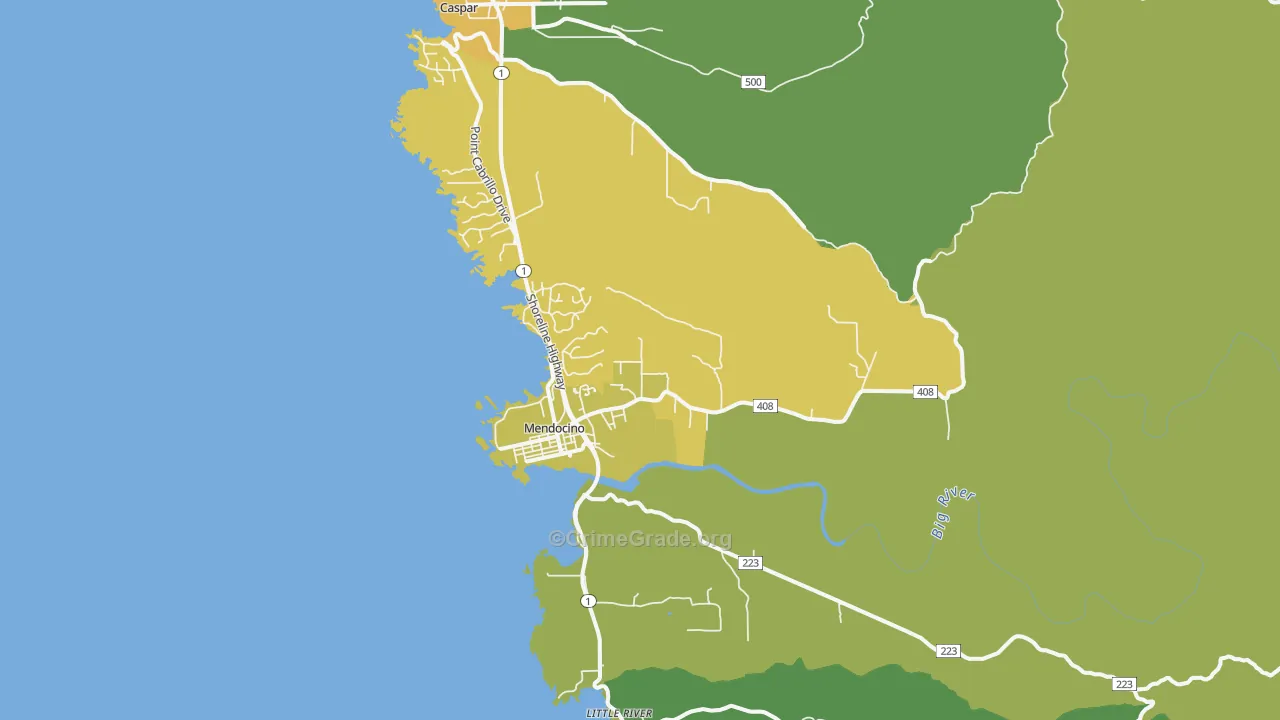 Mendocino, CA Map of Vehicle Theft Rates