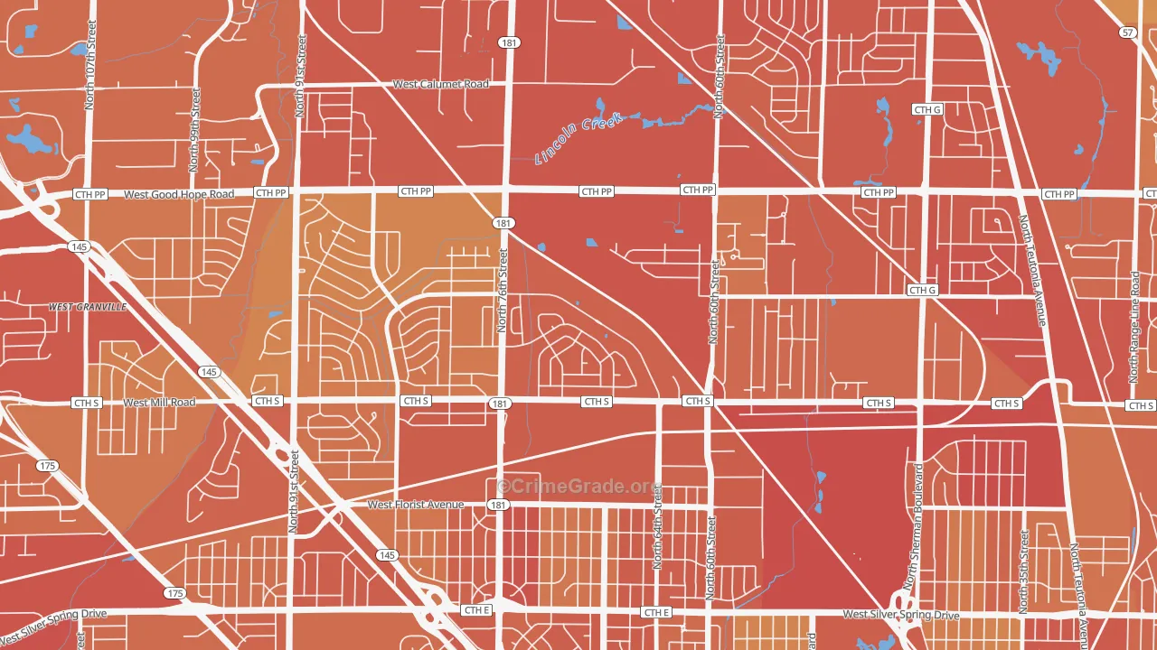 Menomonee River Hills East, Milwaukee, WI Map of Vehicle Theft Rates