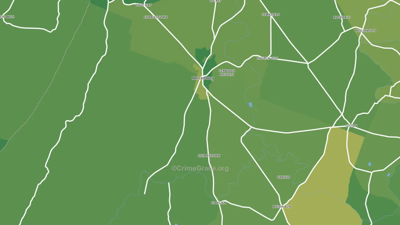 Mercersburg, PA Map of Vehicle Theft Rates
