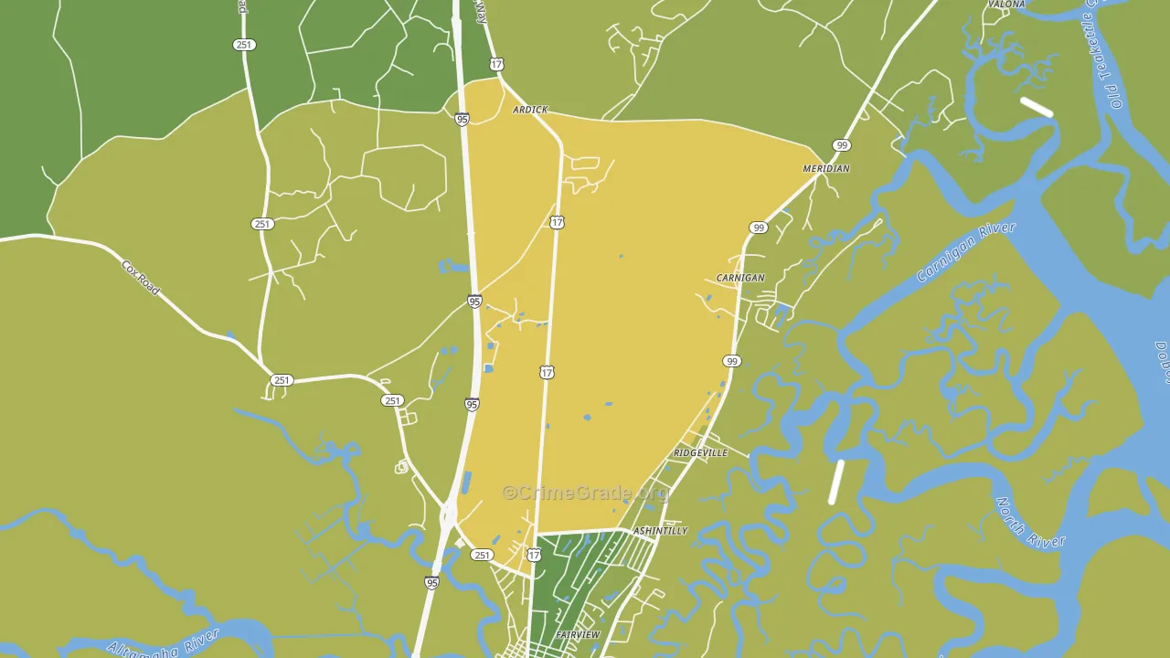 Meridian, GA Map of Vehicle Theft Rates