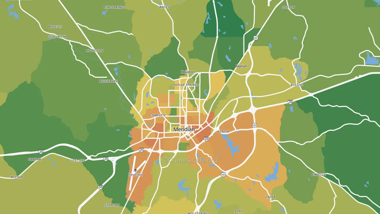 Meridian, MS Map of Vehicle Theft Rates