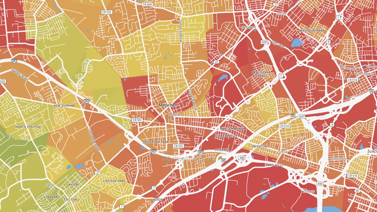 Metuchen, NJ Map of Vehicle Theft Rates