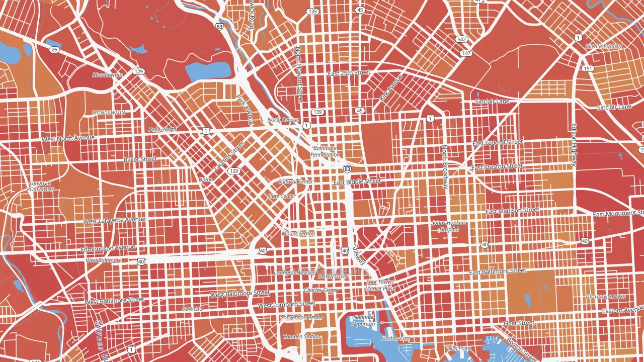 Mid-Town Belvedere, Baltimore, MD Map of Vehicle Theft Rates