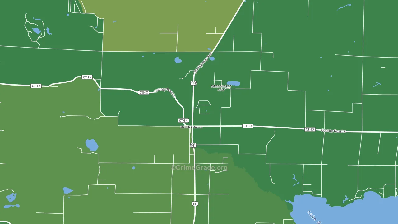 Middle Inlet, WI Map of Vehicle Theft Rates