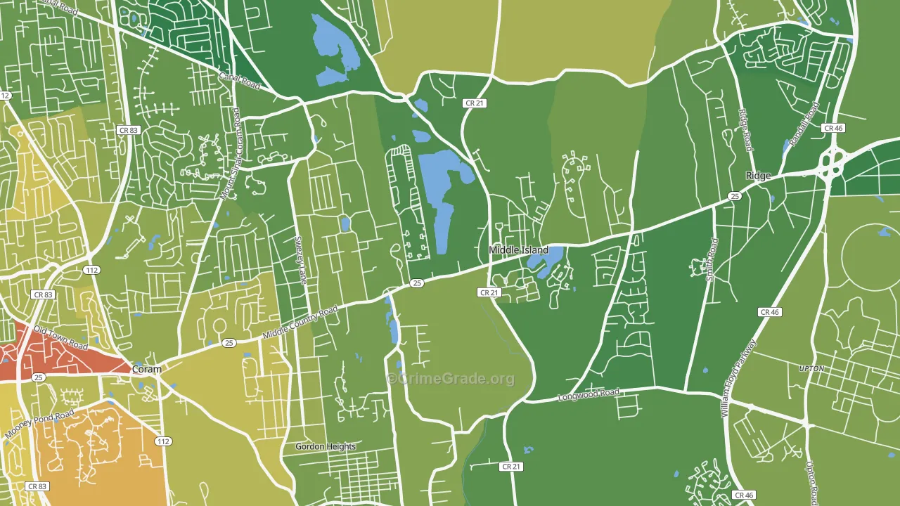 Middle Island, NY Map of Vehicle Theft Rates
