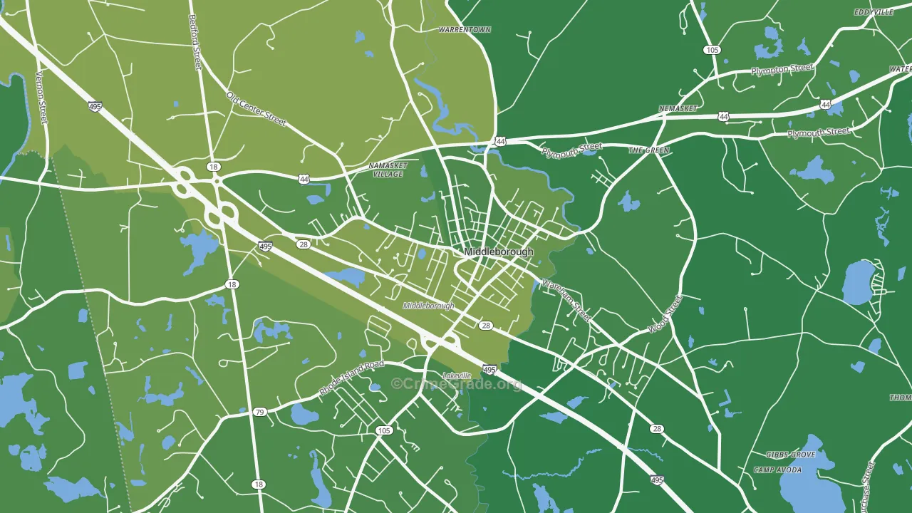 Middleborough Center, MA Map of Vehicle Theft Rates