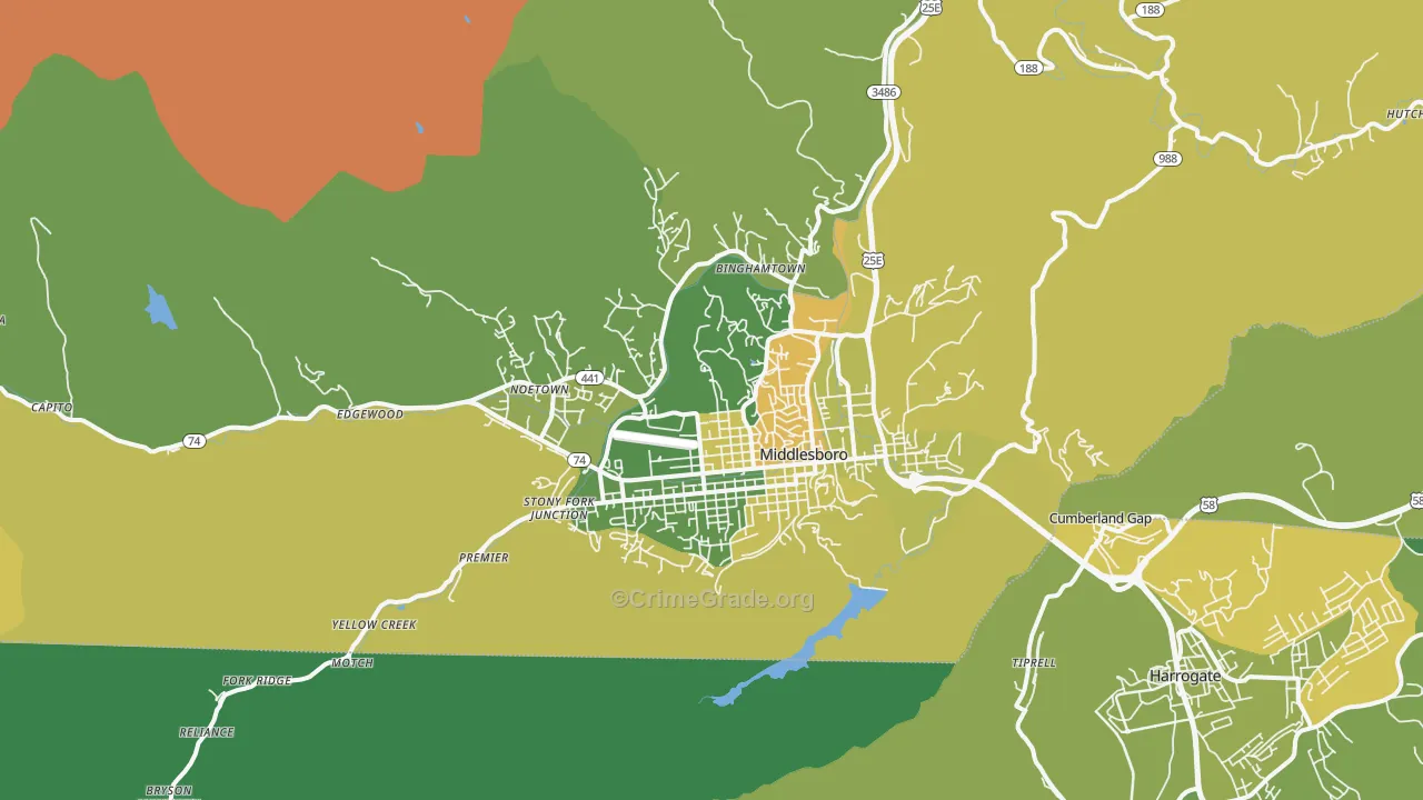 Middlesboro, KY Map of Vehicle Theft Rates