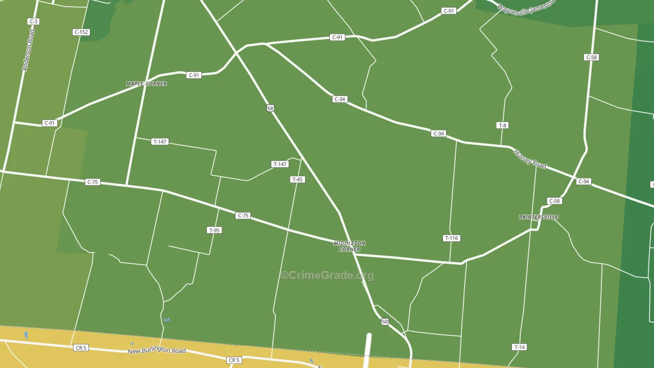 Middleton Corner, OH Map of Vehicle Theft Rates