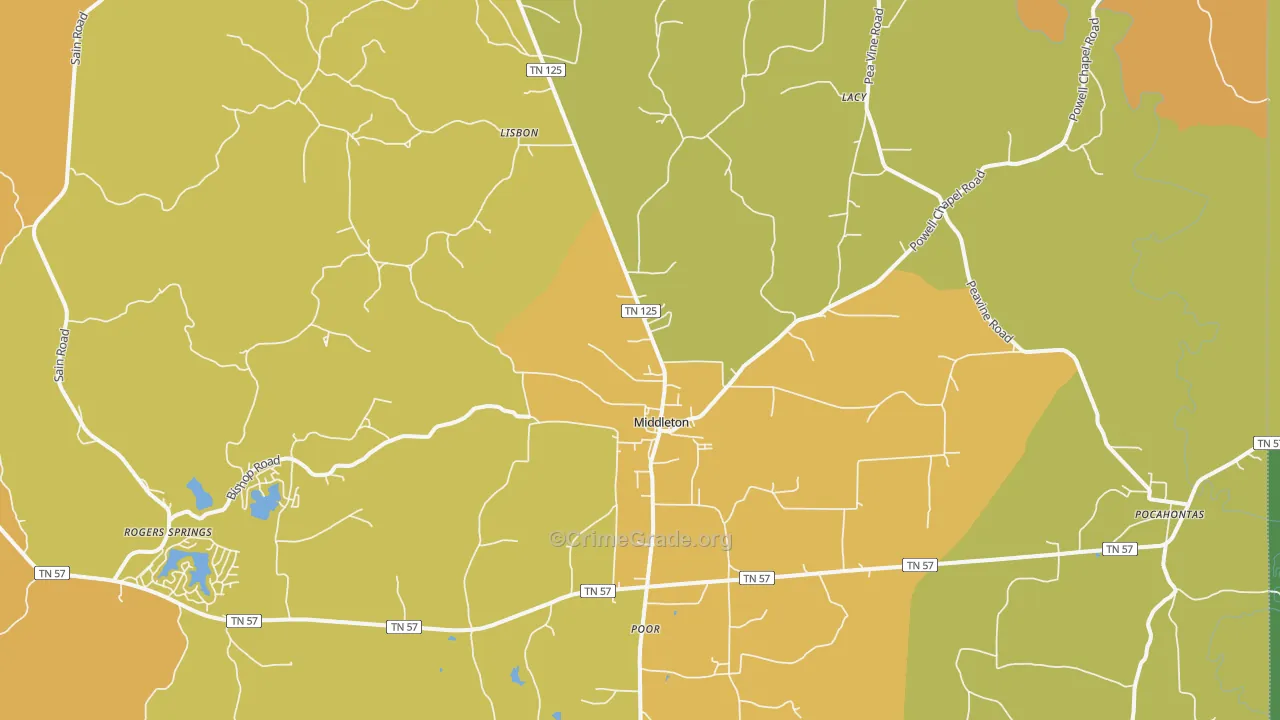 Middleton, TN Map of Vehicle Theft Rates