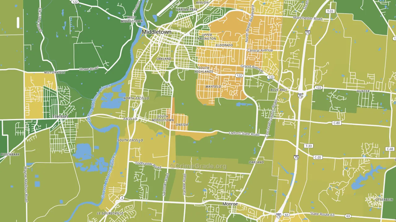 Middletown, OH Map of Vehicle Theft Rates