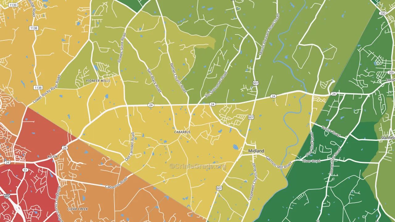 Midland, NC Map of Vehicle Theft Rates