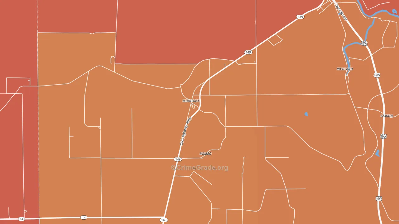 Midnight, MS Map of Vehicle Theft Rates