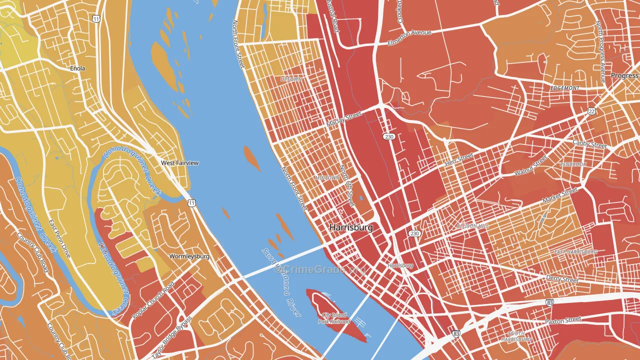 Midtown Harrisburg, Harrisburg, PA Map of Vehicle Theft Rates