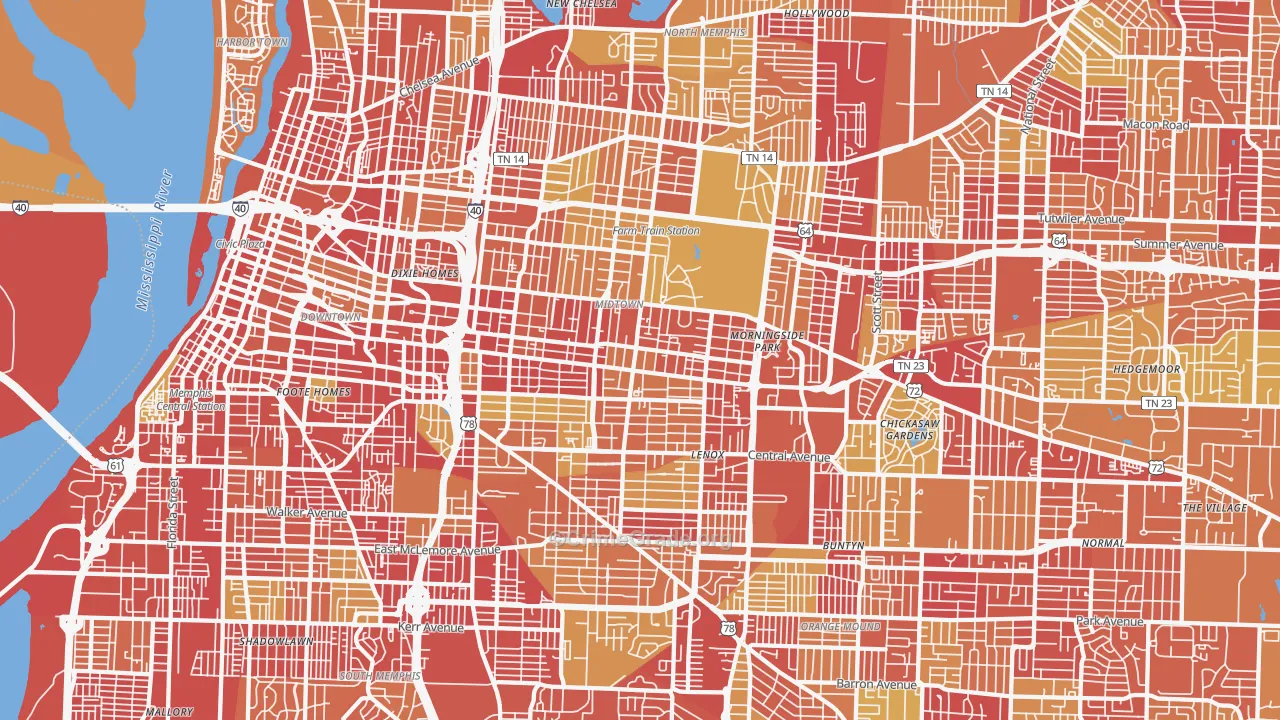 Midtown-Memphis, Memphis, TN Map of Vehicle Theft Rates
