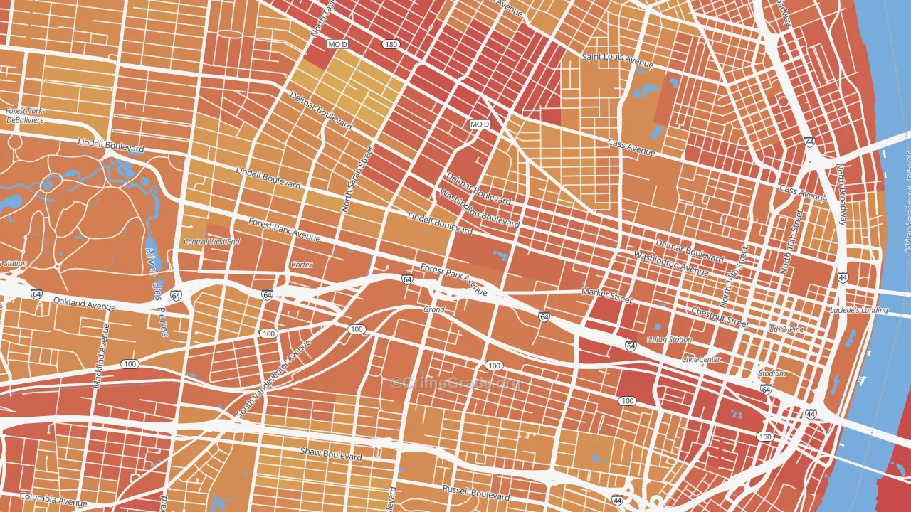 Midtown St. Louis, St. Louis, MO Map of Vehicle Theft Rates