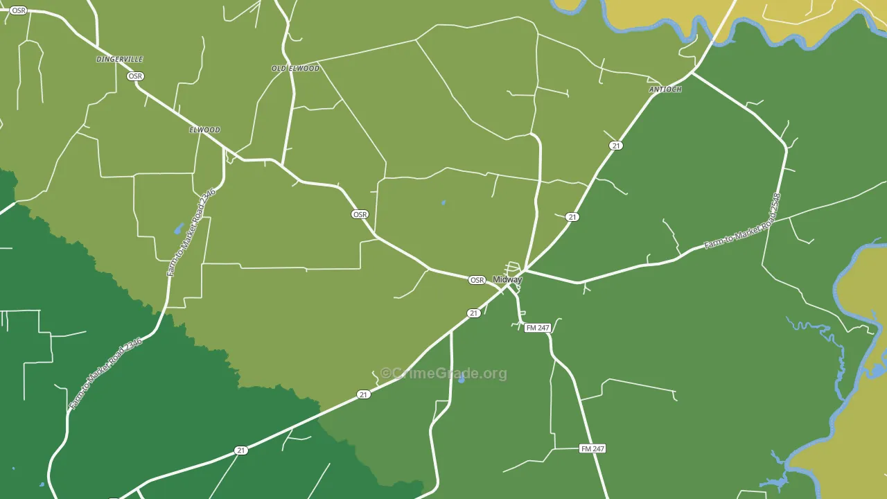 Midway, TX Map of Vehicle Theft Rates