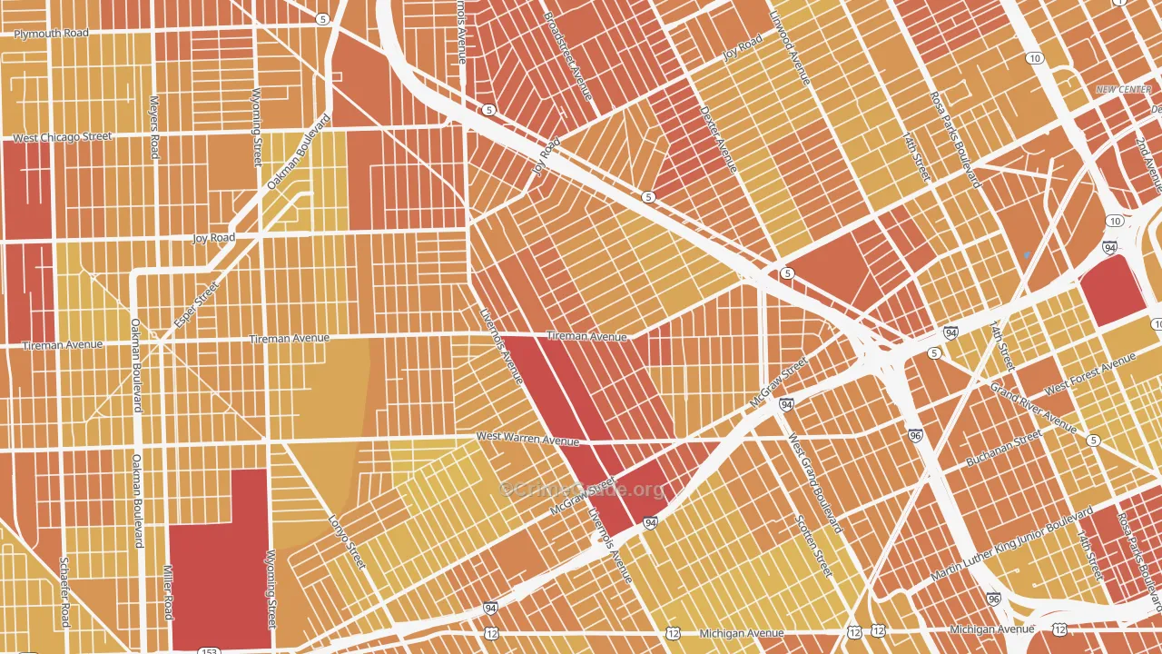 Midwest, Detroit, MI Map of Vehicle Theft Rates