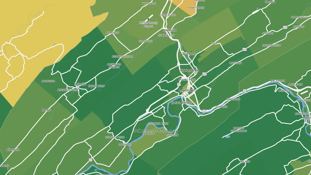 Mifflin County, PA Map of Vehicle Theft Rates
